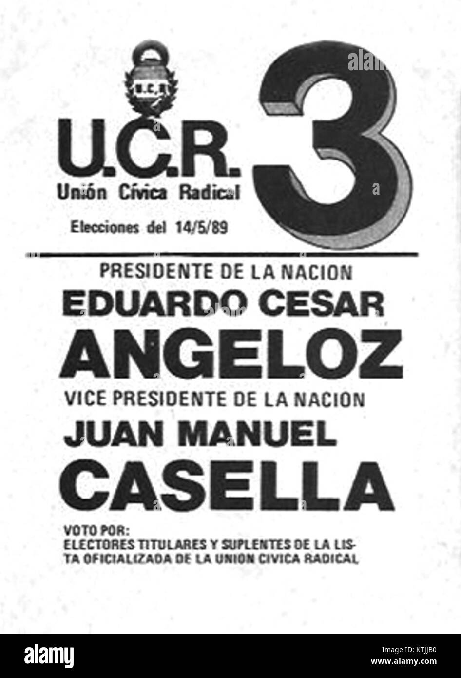 Die Boleta electoral de las Elecciones de 1989 Angeloz bezieht sich auf die Wahlen für die Wahlen 1989 in Argentinien, insbesondere unter der politischen Führung von Angeloz. Stockfoto
