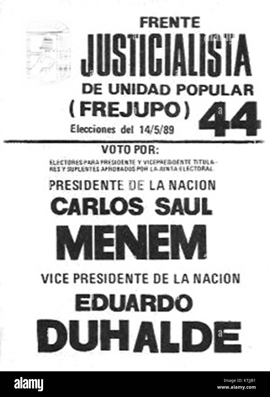 Ein Wahlzettel der argentinischen Präsidentschaftswahlen 1989, bei dem Carlos Menem als Kandidat vertreten war, markiert ein bedeutendes politisches Ereignis in der Geschichte Argentiniens. Stockfoto