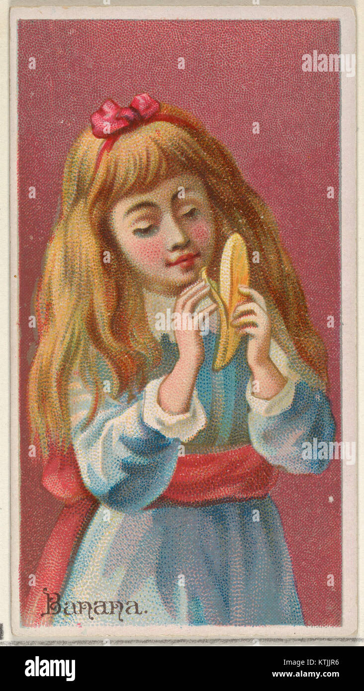 Das Bild zeigt eine Banane aus der Fruit-Serie von Allen & Ginter Zigaretten Brands. Die Karte zeigt eine künstlerische Darstellung einer Banane, die Teil einer historischen Sammlerserie ist. Stockfoto