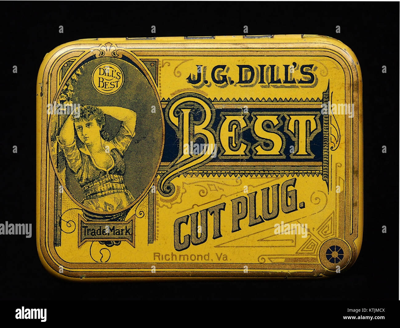 Das Bild zeigt eine Dose Best Cut Plug Tabak, die das Verpackungsdesign zeigt und das Branding der Tabakindustrie und das Marktauftritt des Produkts widerspiegelt. Stockfoto