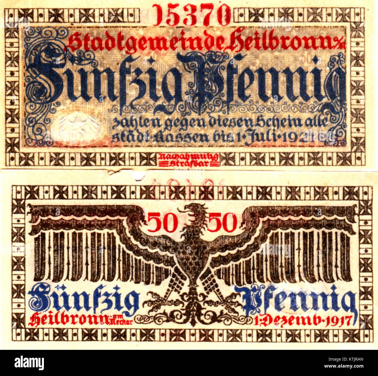 Das Heilbronner Notgeld ist eine Art Notgeld, die während der deutschen Wirtschaftskrise 1917 ausgegeben wurde. Diese 50Pf Note ist sowohl auf der Vorderseite als auch auf der Rückseite erhältlich. Stockfoto