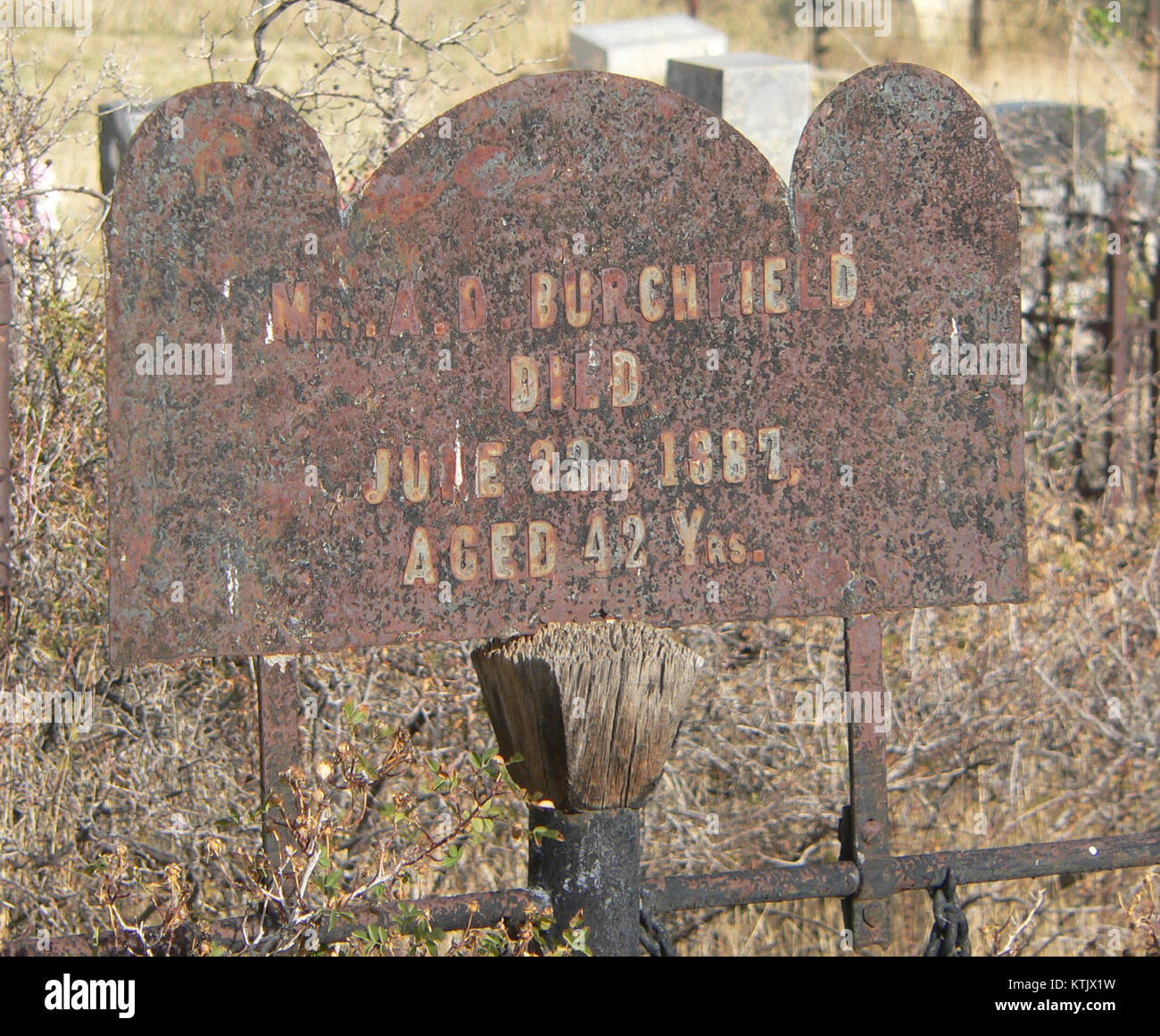 Die Burchfield-Markierung auf dem Friedhof von Austin, Nevada, ist ein historisches Denkmal, das Teil des IOOF-Friedhofs (Independent Order of Odd Fellows) ist, das die lokale Geschichte und bedeutende Persönlichkeiten ehrt. Stockfoto