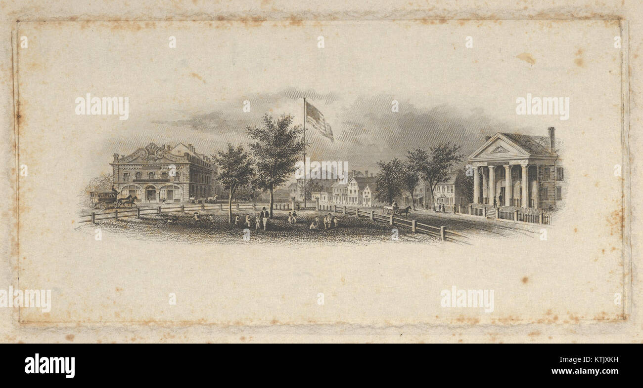 Diese Vignette einer Banknote zeigt eine Illustration von Stadtgebäuden, die einen eingezäunten Grünbereich umgeben, in dem Kinder um eine amerikanische Flagge spielen. Das Design reflektiert Themen der amerikanischen Werte, der Gemeinschaft und der Kindheit. Stockfoto