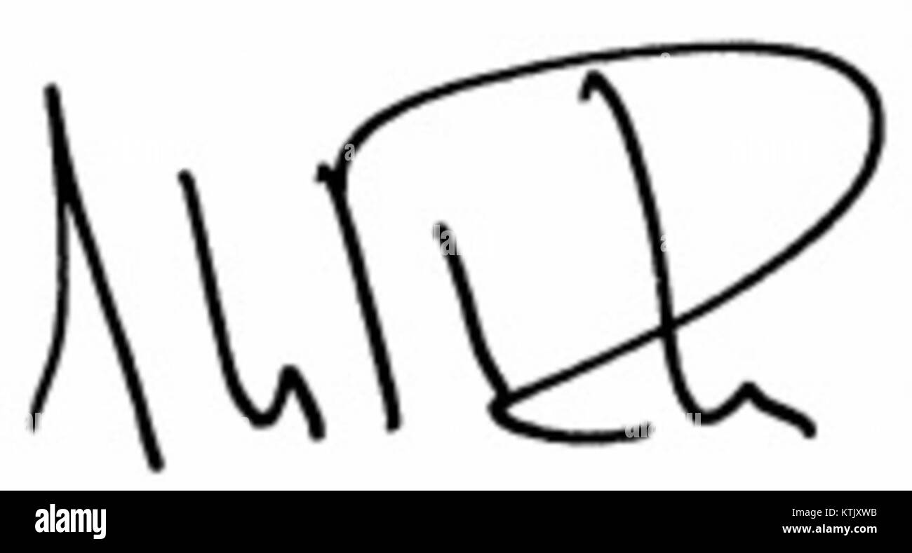 Ein Bild von Alberto Fabras Unterschrift, aufgenommen als Teil eines offiziellen Dokuments oder einer offiziellen Darstellung. Die Unterschrift wird auf ihre Bedeutung in politischen oder staatlichen Kontexten hingewiesen, was die offizielle Zustimmung oder Handlung darstellt. Stockfoto