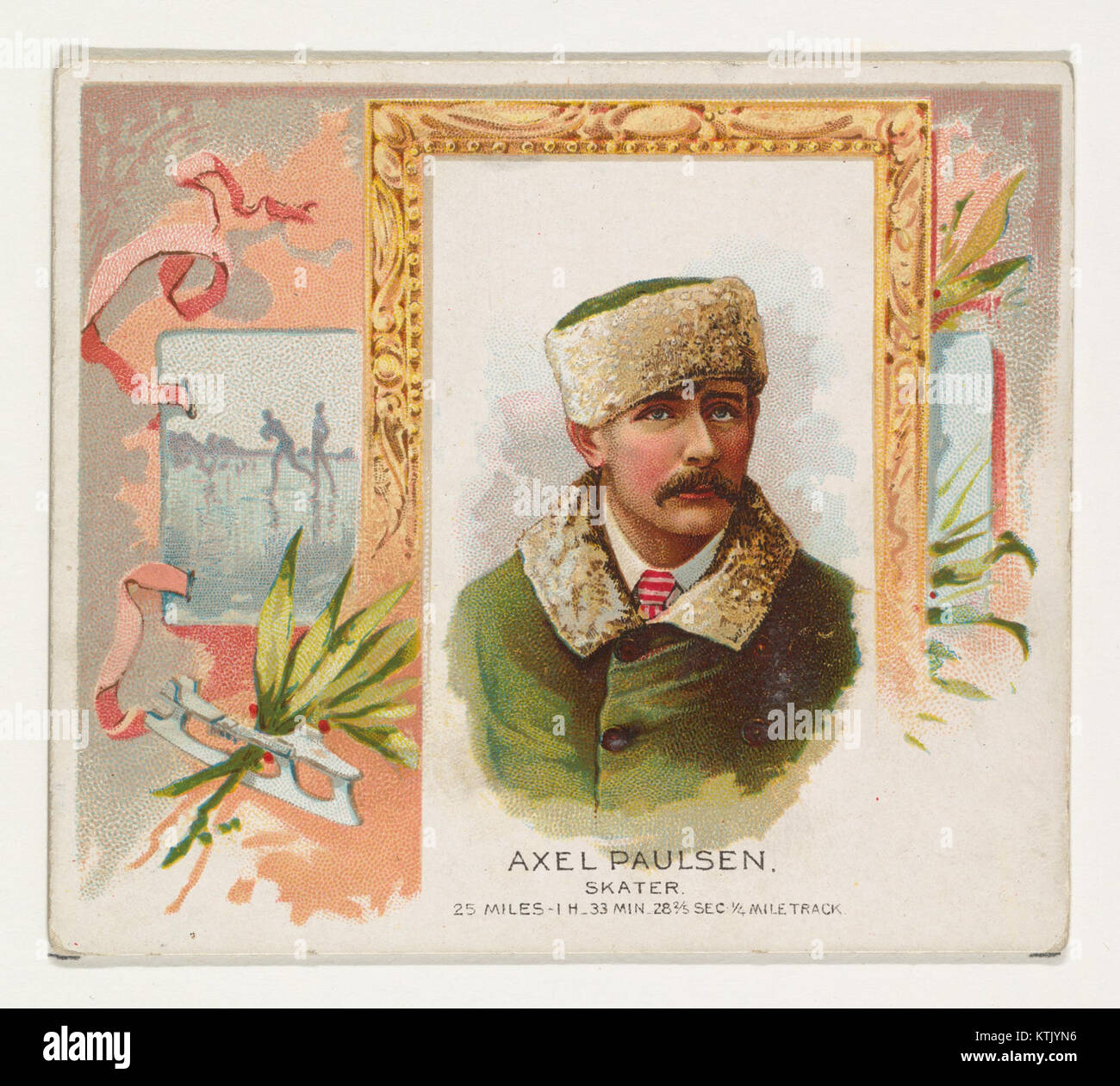 Axel Paulsen, ein renommierter Eiskunstläufer, ist in dieser Handelskarte aus der World's Champions-Serie von Allen & Ginter Cigarettes zu sehen. Die Karte zeigt seine Leistungen und seine Prominenz im Sport während des frühen 20. Jahrhunderts. Stockfoto
