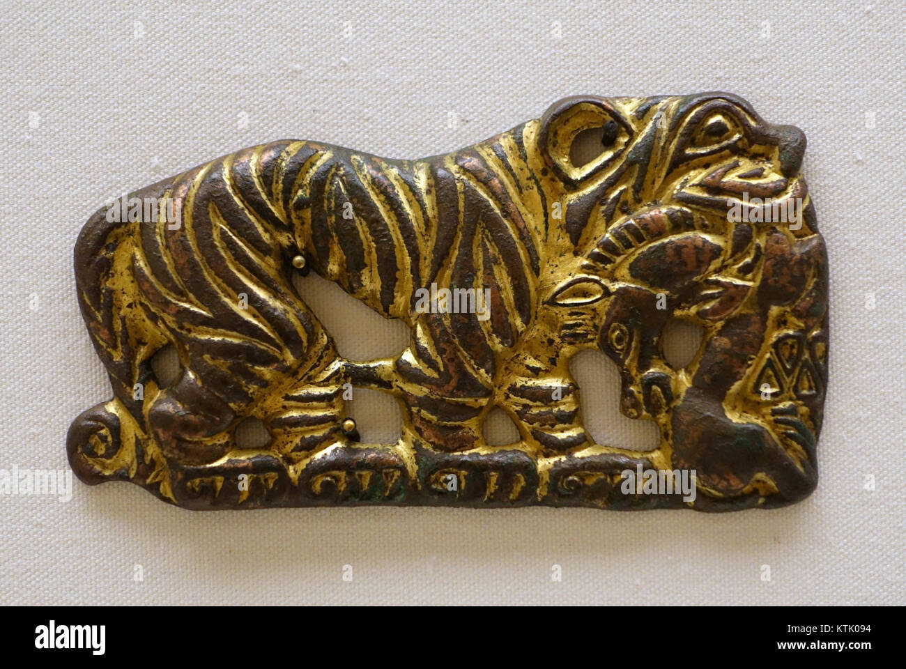 Eine goldene Bronzegürtelplatte aus der Region Ordos aus dem 5. Bis 4. Jahrhundert v. Chr. Die Gedenktafel zeigt eine dynamische Kampfszene mit Tieren und zeigt die Kunstfertigkeit früherer nomadischer Kulturen. Sie befindet sich im Ethnologischen Museum in Berlin. Stockfoto