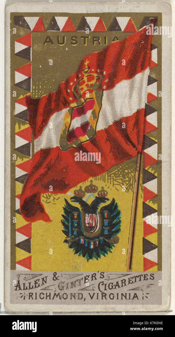 Die Österreichische Flagge in der Serie „Flags of All Nations“ von Allen & Ginter repräsentiert die nationale Identität und das Erbe Österreichs. Die Serie wurde im Rahmen einer Zigarettenkartensammlung aus dem 19. Jahrhundert produziert. Stockfoto