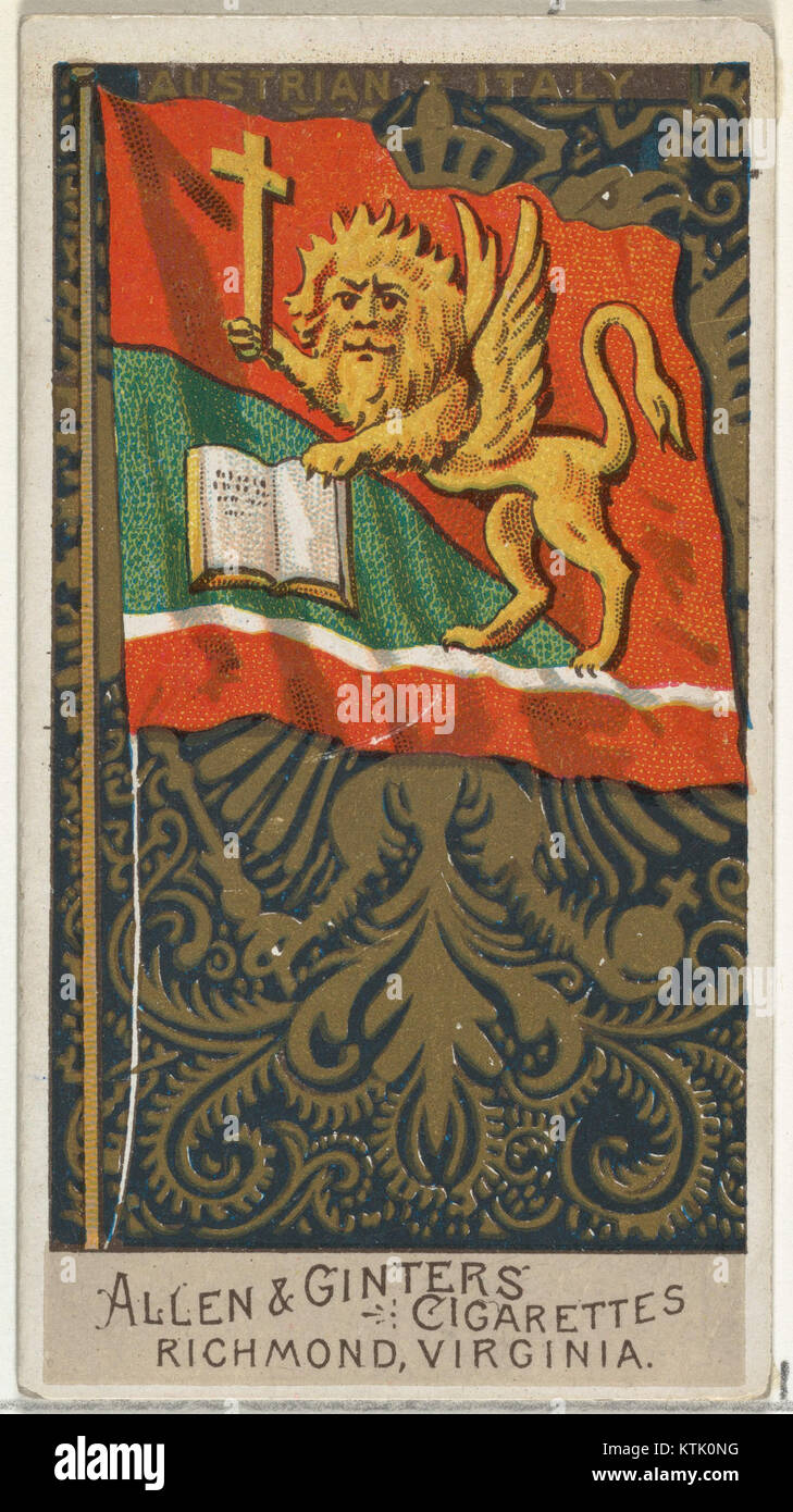 Dieses historische Bild ist Teil der Serie Flags of All Nations, in der die Flagge Österreichs Italiens als Teil eines Zigarettenkartensets aus dem 19. Jahrhundert dargestellt wird und die politische Geographie dieser Zeit darstellt. Stockfoto