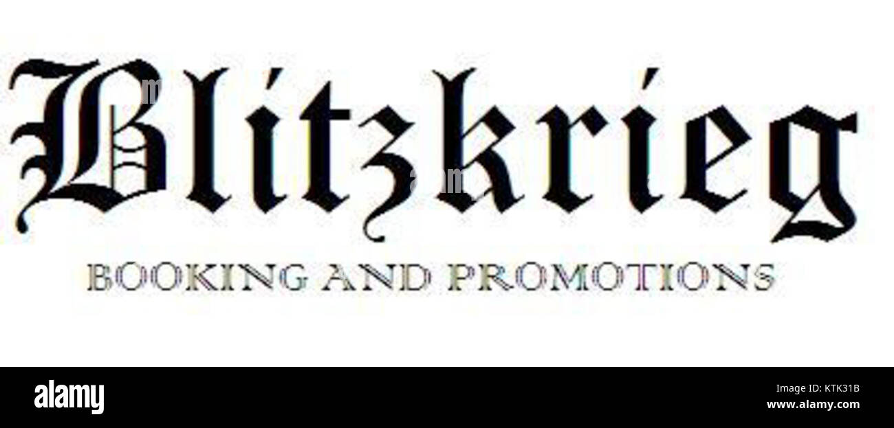 Blitzkrieg Booking and Promotions ist wahrscheinlich eine Geschäftseinheit, die sich auf die Organisation und Förderung von Veranstaltungen, möglicherweise innerhalb der Musikbranche, spezialisiert hat und sich auf Buchungsdienste und Werbemaßnahmen konzentriert. Stockfoto