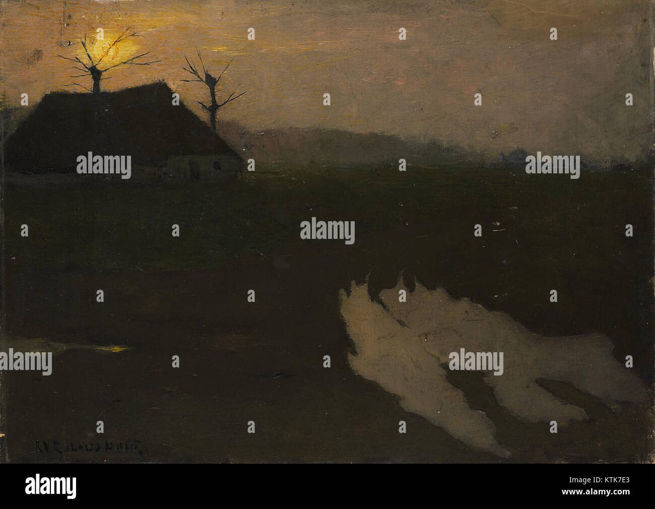 Avondlandschap Met maan ist ein Gemälde von Albert Flamen aus dem Jahr 1891. Das Kunstwerk zeigt eine ruhige Landschaft, die von Mondlicht beleuchtet wird und die Fähigkeiten von Flamen bei der Aufnahme atmosphärischer Effekte zeigt. Stockfoto