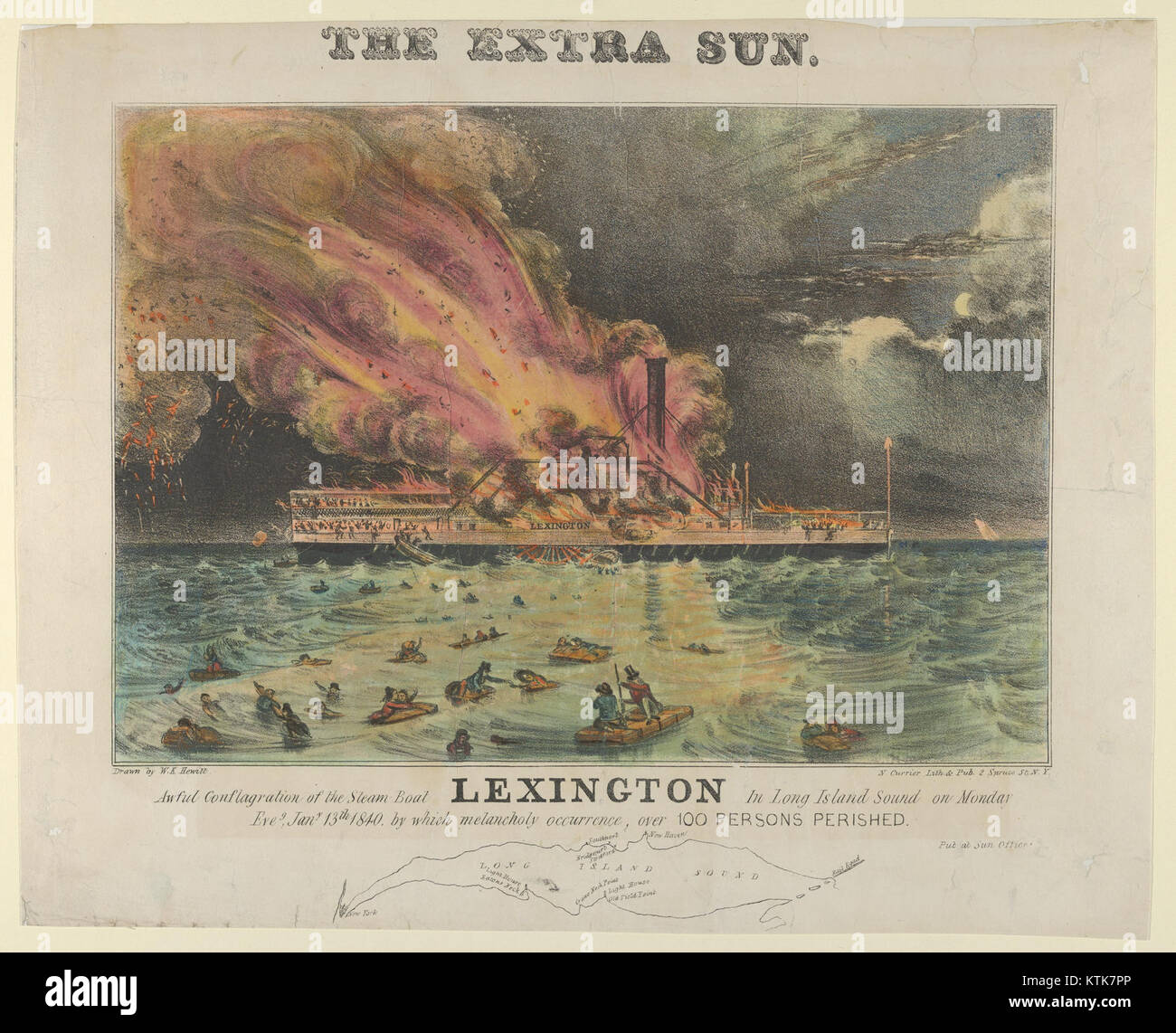 Ein historischer Bericht über den tragischen Brand auf dem Dampfschiff Lexington im Long Island Sound am 13. Januar 1840, bei dem über 100 Menschen ums Leben kamen. Stockfoto
