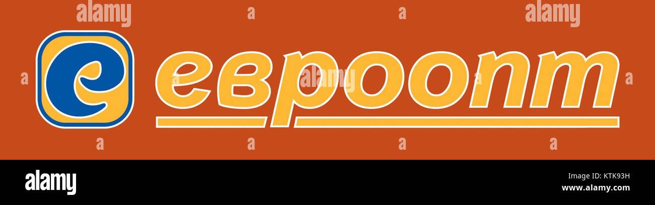 Das 2014 eingeführte neue Logo von Euroopt symbolisiert die Markenidentität des Einzelhandelsunternehmens. Euroopt ist eine führende Supermarktkette, die Lebensmittel und Lebensmittel in verschiedenen Regionen anbietet. Stockfoto