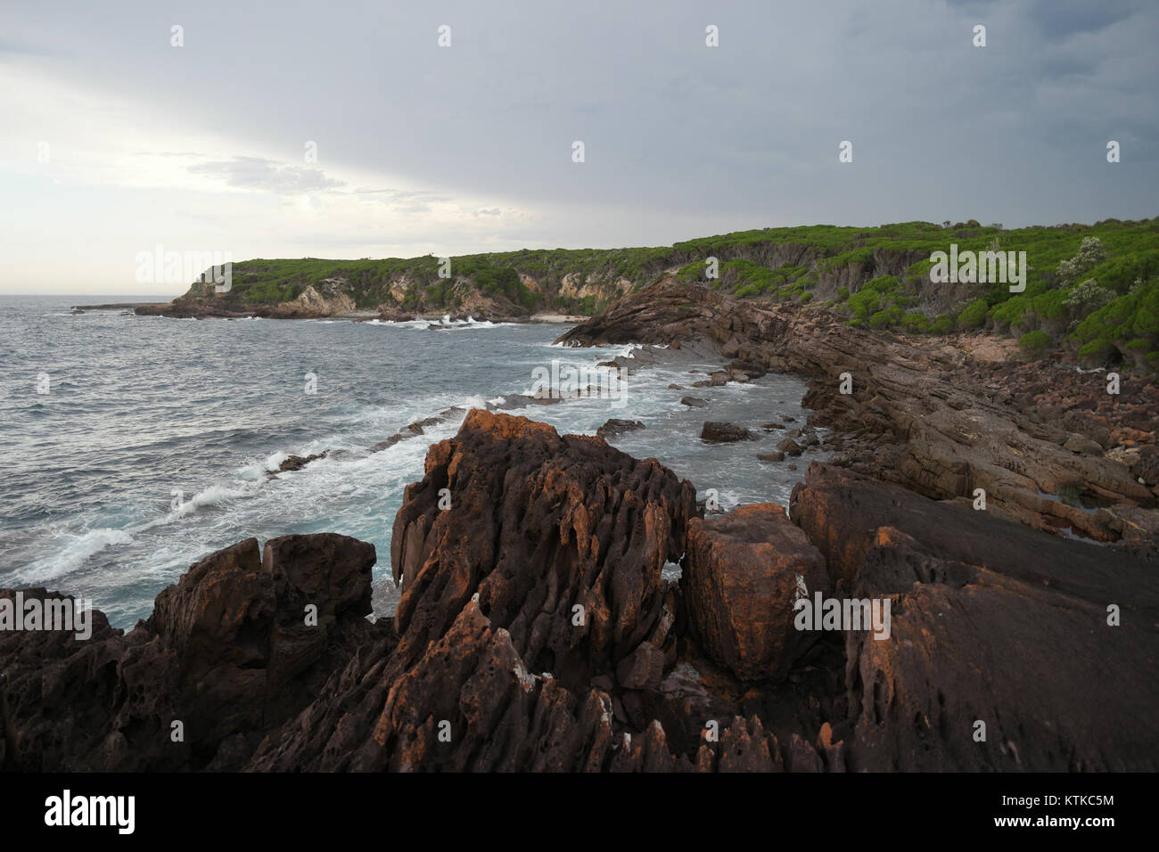 Der Ben Boyd National Park in New South Wales, Australien, bietet vielfältige Landschaften, darunter Küstenklippen, Buschland und Regenwald. Es ist ein beliebtes Reiseziel für Outdoor-Aktivitäten und Naturschutz. Stockfoto