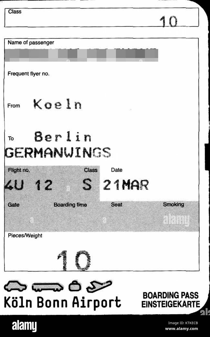Eine Germanwings-Bordkarte vom Flug 4U 012 zwischen Köln und Berlin vom 21. März 2004, die die Flugreisen- und Ticketsysteme dieser Zeit widerspiegelt. Stockfoto