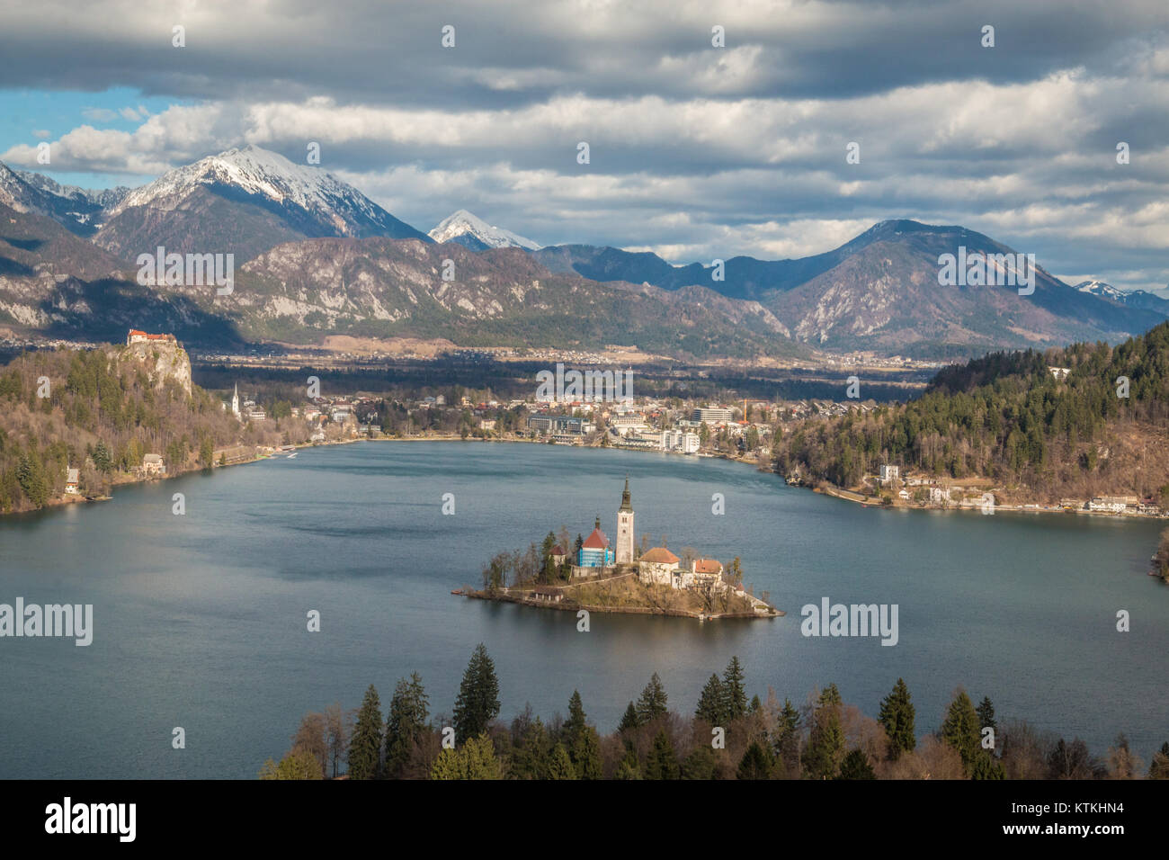 Blick auf den See Bled in Slowenien Stockfoto