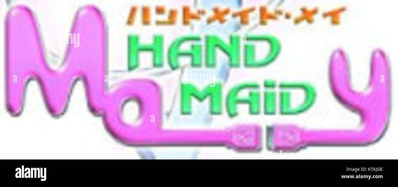 Das Logo von Hand Maid May repräsentiert das Branding einer japanischen Zeichentrickserie, die mit auffälligen Typografien und Bildern die futuristischen und technologischen Themen der Show hervorruft. Stockfoto