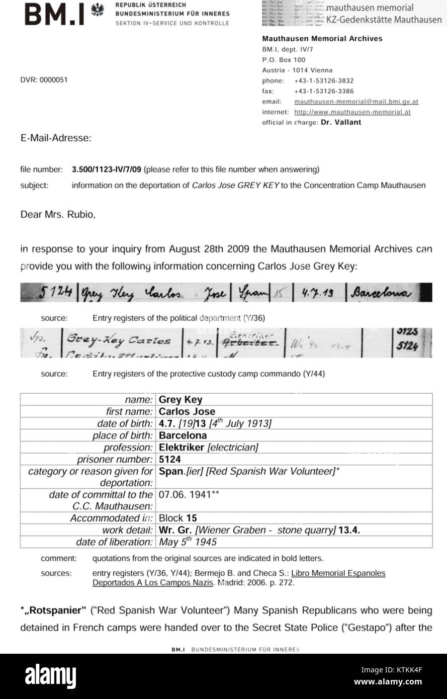 Carlos Greykeys Aufzeichnungen im Mauthausen Memorial Archives beziehen sich wahrscheinlich auf eine Person, die während des Zweiten Weltkriegs mit dem Konzentrationslager Mauthausen in Verbindung gebracht wurde. Die Archive bewahren die historischen Aufzeichnungen jener, die mit dem Lager in Verbindung stehen, entweder als Überlebende, Opfer oder andere bedeutende Persönlichkeiten in der Geschichte des Lagers. Stockfoto