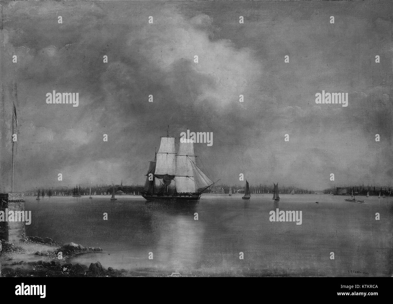 Ein historischer Blick auf die Bucht und den Hafen von New York von Bedlow's Island aus, der die maritime Landschaft und die berühmten Wahrzeichen von New York City während des späten 19. Oder frühen 20. Jahrhunderts zeigt. Stockfoto