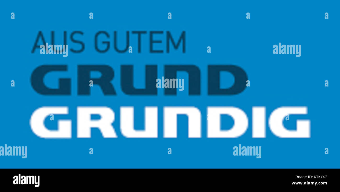 Das Grundig-Logo, das 2009 zu sehen ist, repräsentiert die deutsche Elektronikmarke, die für ihre Unterhaltungselektronik und Haushaltsgeräte bekannt ist. Sie ist ein Symbol für die internationale Präsenz des Unternehmens. Stockfoto
