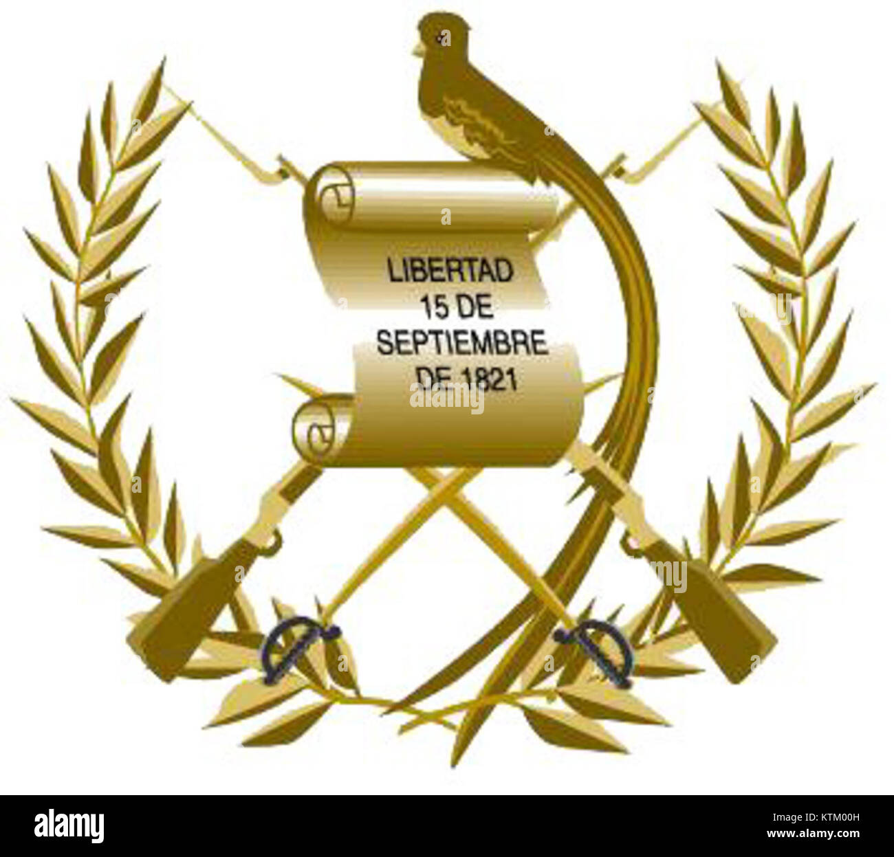 Das Wappen Guatemalas zeigt einen Adler, eine Pergamentrolle und zwei gekreuzte Gewehre. Es ist ein nationales Emblem, das die Souveränität, Unabhängigkeit und das Erbe Guatemalas symbolisiert. Stockfoto