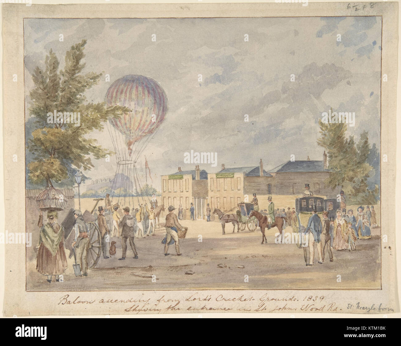 In der Nähe des Eingangs zum Lord's Cricket Ground in London erhebt sich ein Heißluftballon, der 1839 gefangen genommen wurde. Dieses Bild zeigt die frühen Tage des Ballonsports und den berühmten Ort eines der berühmtesten Cricket-Anlagen der Welt. Stockfoto