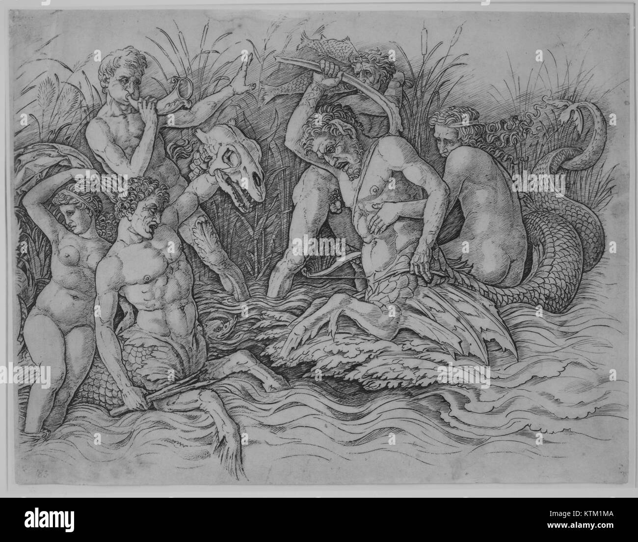 Die „Schlacht der Meeresgötter“ ist ein bedeutendes Kunstwerk im Metropolitan Museum of Art Das Stück ist ein Beispiel für mythologische Kunst, die Meeresgottheiten im Kampf darstellt und klassische Kunstthemen zeigt. Stockfoto