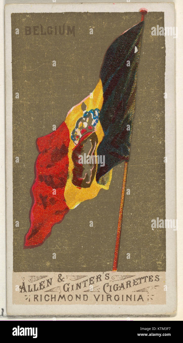 Dieses Bild zeigt die Flagge Belgiens aus der Serie Flags of All Nations, die für Allen & Ginter Zigaretten produziert wurde. Sie spiegelt die historische Förderung nationaler Symbole durch Sammlerstücke wider. Stockfoto