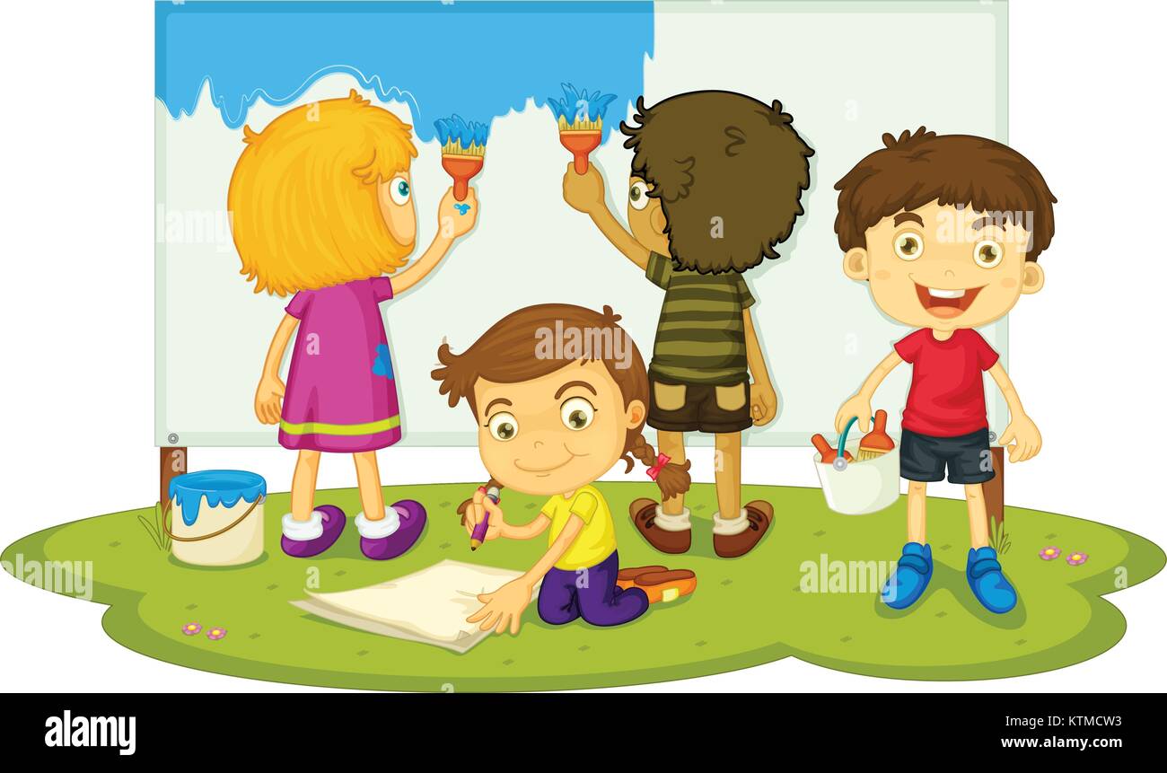 Abbildung: vier Kinder malen Stock-Vektorgrafik - Alamy