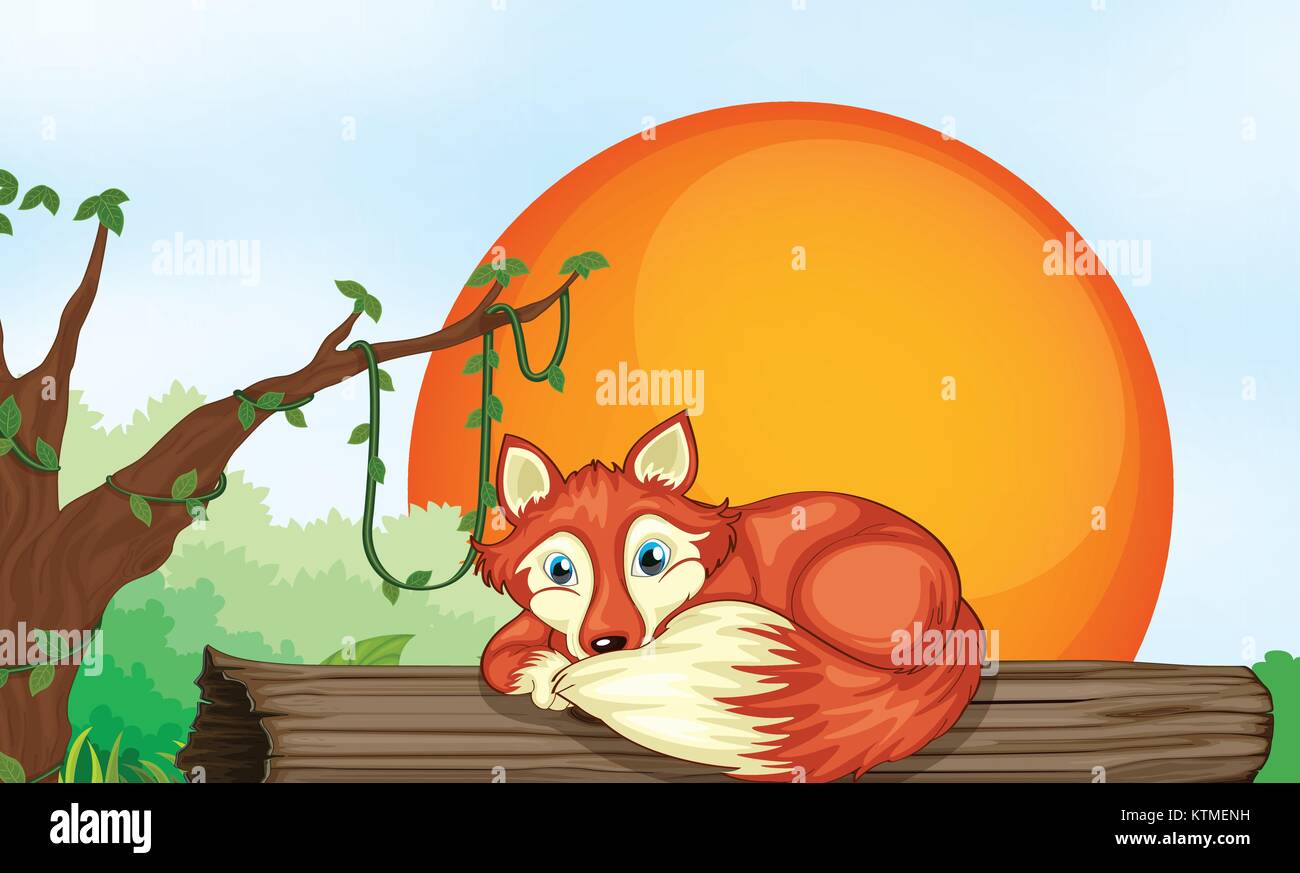 Abbildung: ein Fuchs, der auf Holz im Dschungel Stock Vektor