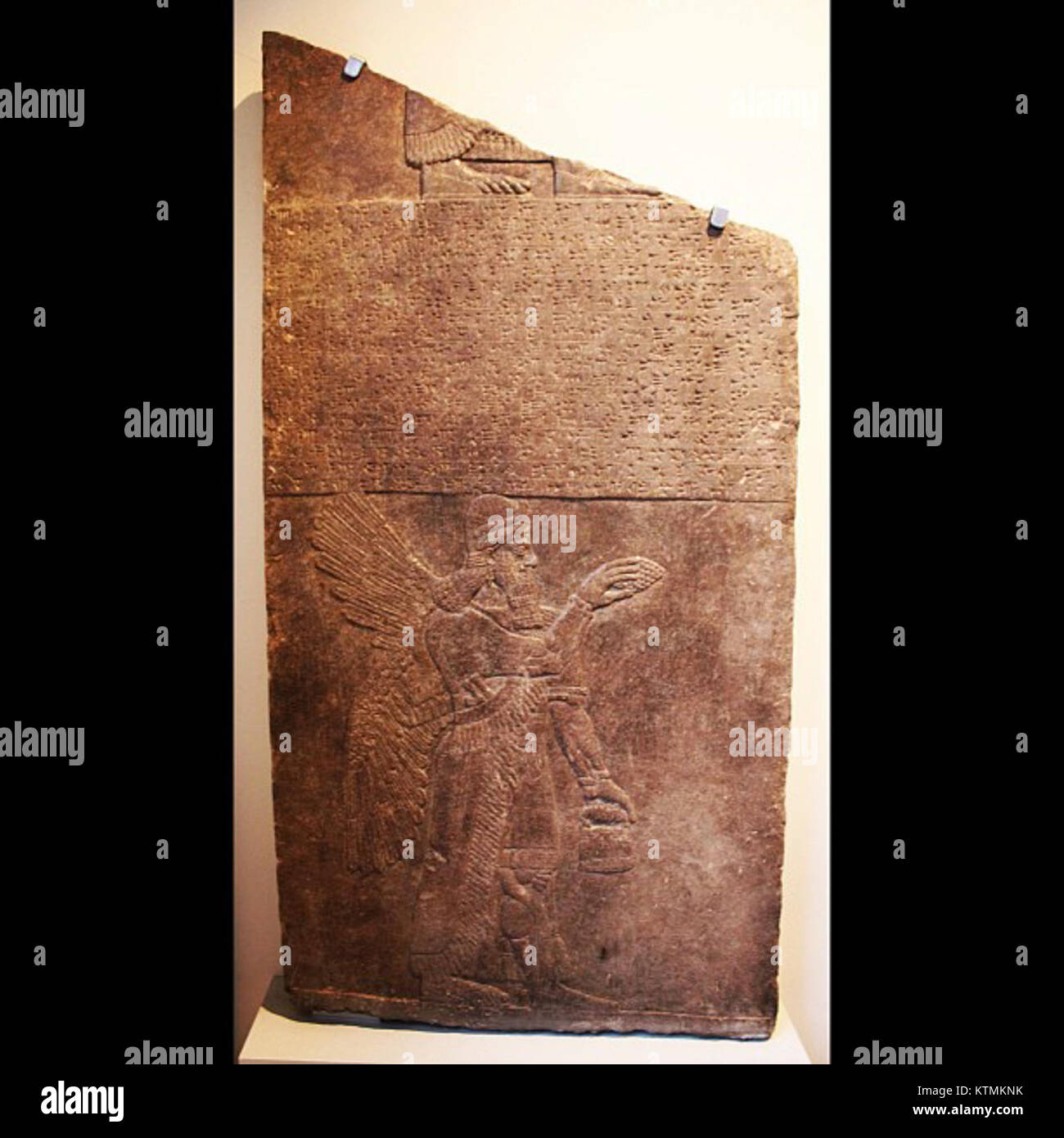 Diese Basreliefskulptur zeigt eine geflügelte Gottheit mit einem Kiefernkegel, ein Symbol, das oft mit Fruchtbarkeit und Regeneration in Verbindung gebracht wird. Das Kunstwerk spiegelt alte religiöse Überzeugungen und die kulturelle Bedeutung der Gottheiten in den frühen Zivilisationen wider. Stockfoto