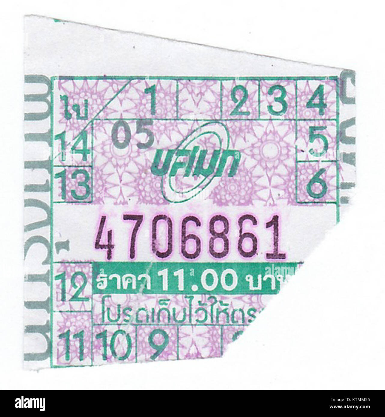 Eine Busfahrkarte für Bangkok mit einem Preis von 11 Baht stellt eine erschwingliche Art des öffentlichen Verkehrs in der Hauptstadt von Thailandâ dar. Dieses Ticket wird für die Fahrt mit dem Busnetz von cityÂ verwendet. Stockfoto