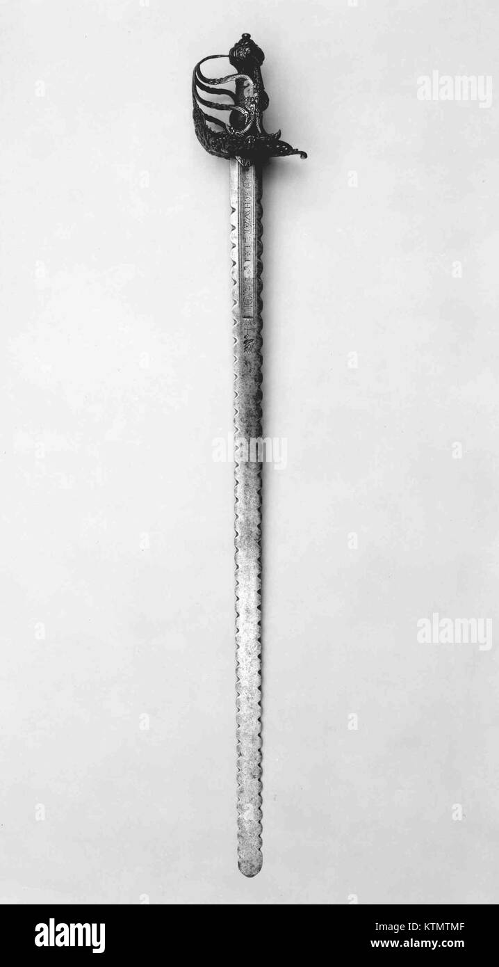 Das Korbschwert mit der Katalognummer MET sfrl09.210.2 203003 ist eine Art historischer Waffe, die für ihren unverwechselbaren Wächter und Griff bekannt ist. Sie wurde im 17. Und 18. Jahrhundert, vor allem in Europa, als Seitenwaffe für militärische und zivile Zwecke verwendet. Stockfoto