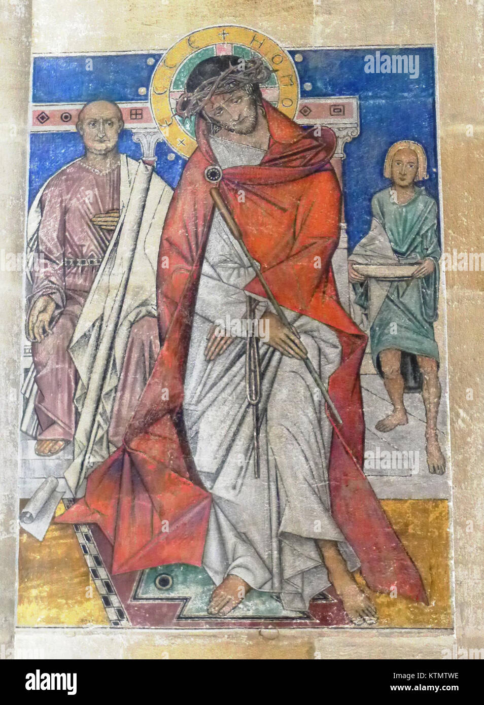 Der Bamberger Dom in Bamberg ist bekannt für seine historische Architektur und Wandmalerei. Die Mauern der Kathedrale sind mit bedeutenden mittelalterlichen Kunstwerken geschmückt, die religiöse Themen und historische Darstellungen dieser Zeit zeigen. Stockfoto