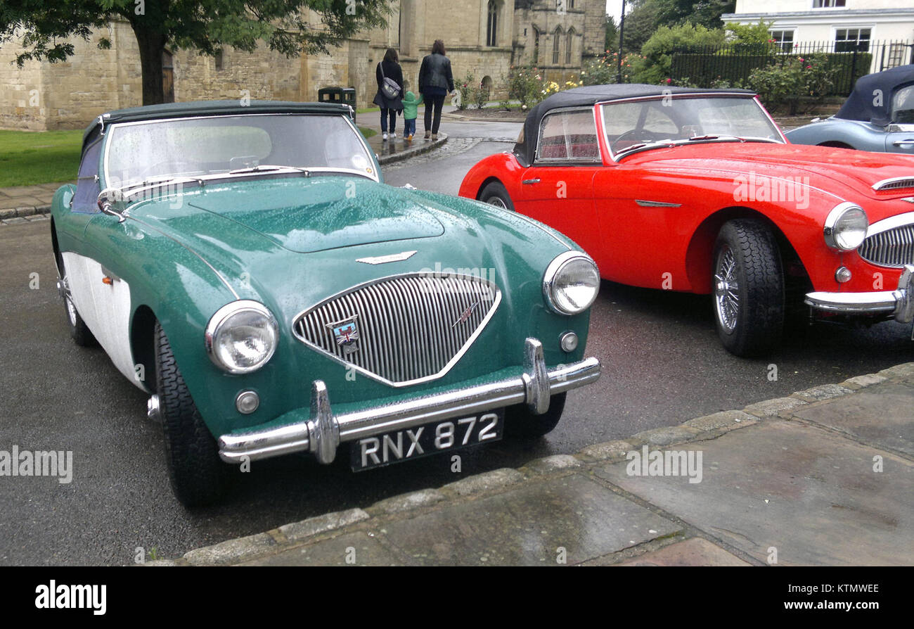 Austin Healeys, eine beliebte britische Sportwagenmarke, wurde in der Kathedrale von Gloucester gezeigt und kombiniert klassische Automobiltechnik mit der historischen Architektur der cathedralâ in einer einzigartigen öffentlichen Veranstaltung. Stockfoto