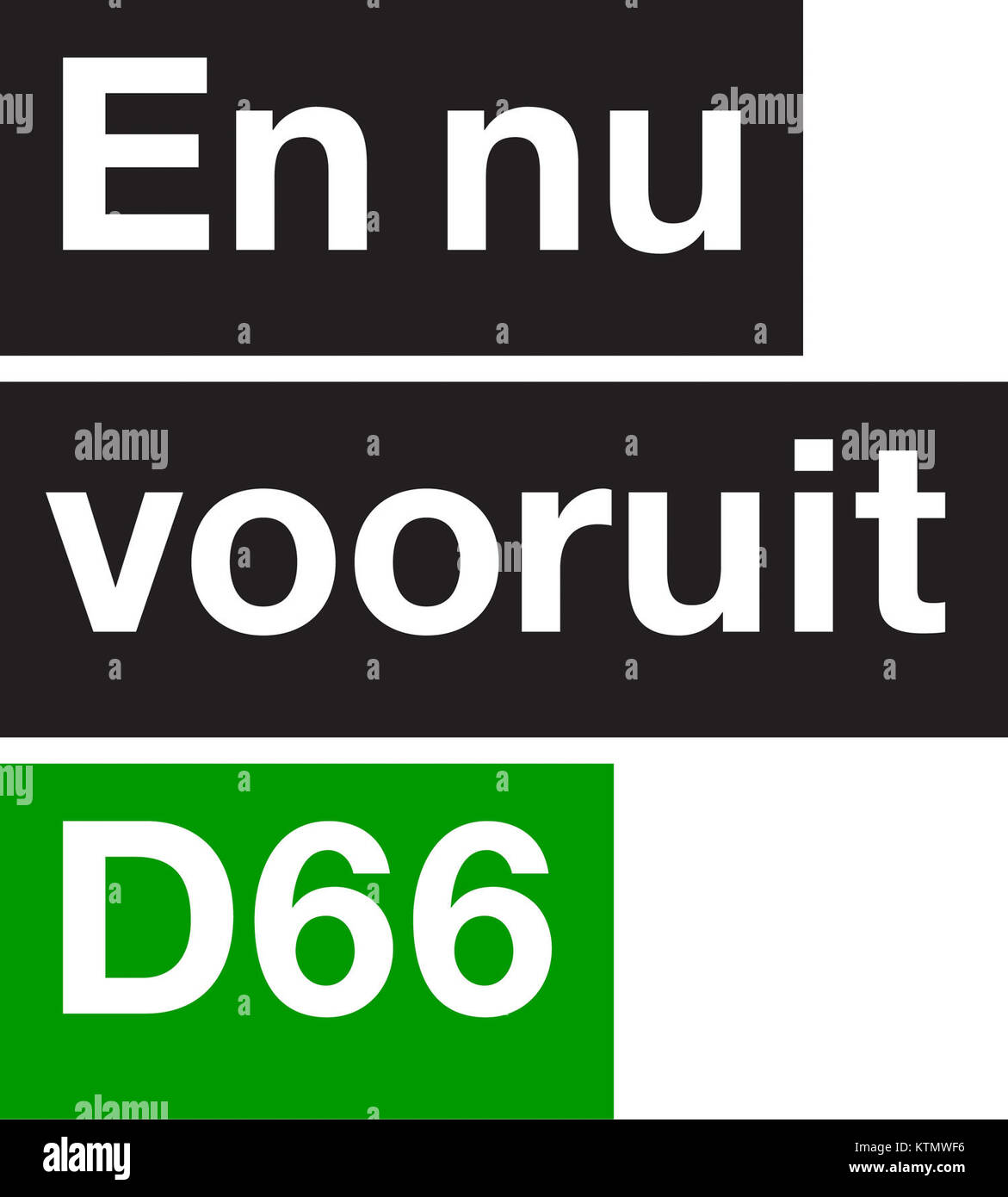 Ein Bild, das die niederländische politische Kampagne 2012 für die D66-Partei repräsentiert, mit einem Schwerpunkt auf ihrer Plattform, "EnNuVooruit", was bedeutet "jetzt vorwärts". Das Bild zeigt Kampagnenmaterial aus dieser politischen Bewegung während dieser Zeit. Stockfoto
