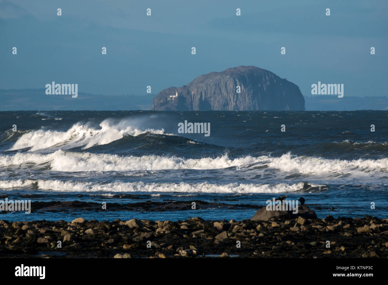John Muir, Dunbar, East Lothian, Schottland, Großbritannien. 27 Dez, 2017. Einen schönen blauen Himmel an einem kalten Tag im Whitesands Bay Beach mit großen Wellen und Wind Sea Spray, und einen Blick auf Bass Rock, Heimat der größten Northern gannet Kolonie Stockfoto