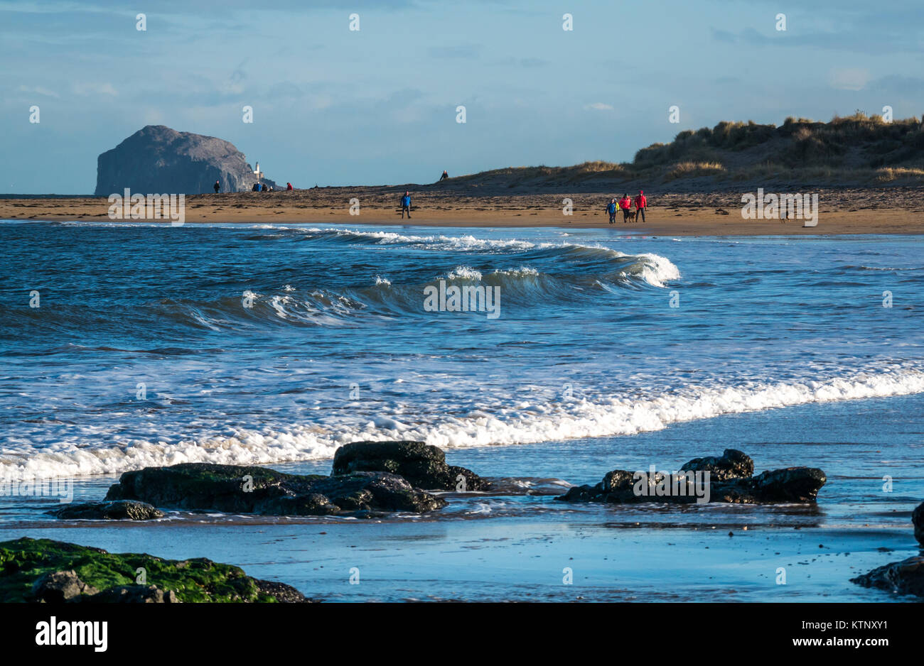 Yellowcrags Strand, Dirleton, East Lothian, Schottland, Vereinigtes Königreich. 28 Dez, 2017. Einen schönen kalten und windigen sonnigen Tag Winter mit Familien und Hunde am Strand und einen Blick auf Bass Rock im Firth von weiter. Der Wind erzeugt Wellen Stockfoto