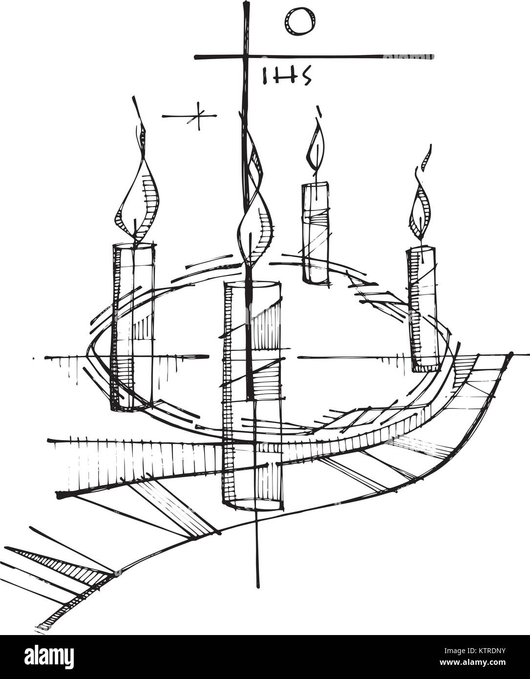 Hand gezeichnet Vektor Tinte Abbildung oder Zeichnung eines Advent Krone, Kerzen und religiösen christlichen Kreuz Stock Vektor