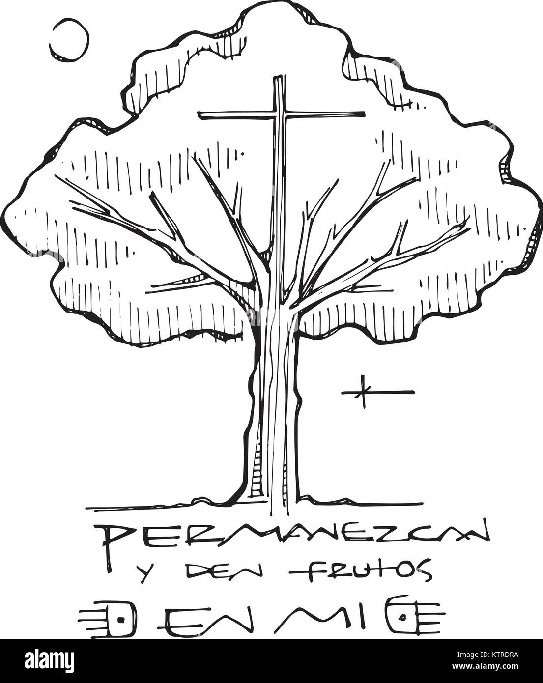 Hand gezeichnet Vektor Tinte Abbildung oder Zeichnung eines religiösen Kreuz, ein Baum und ein Satz auf Spanisch heißt das: In mir bleiben und Frucht bringt Stock Vektor