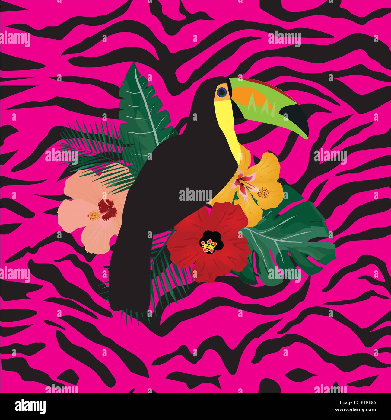 Vector Illustration eines toucan Vogel, tropische Blumen auf rosa Zebramuster. Stock Vektor