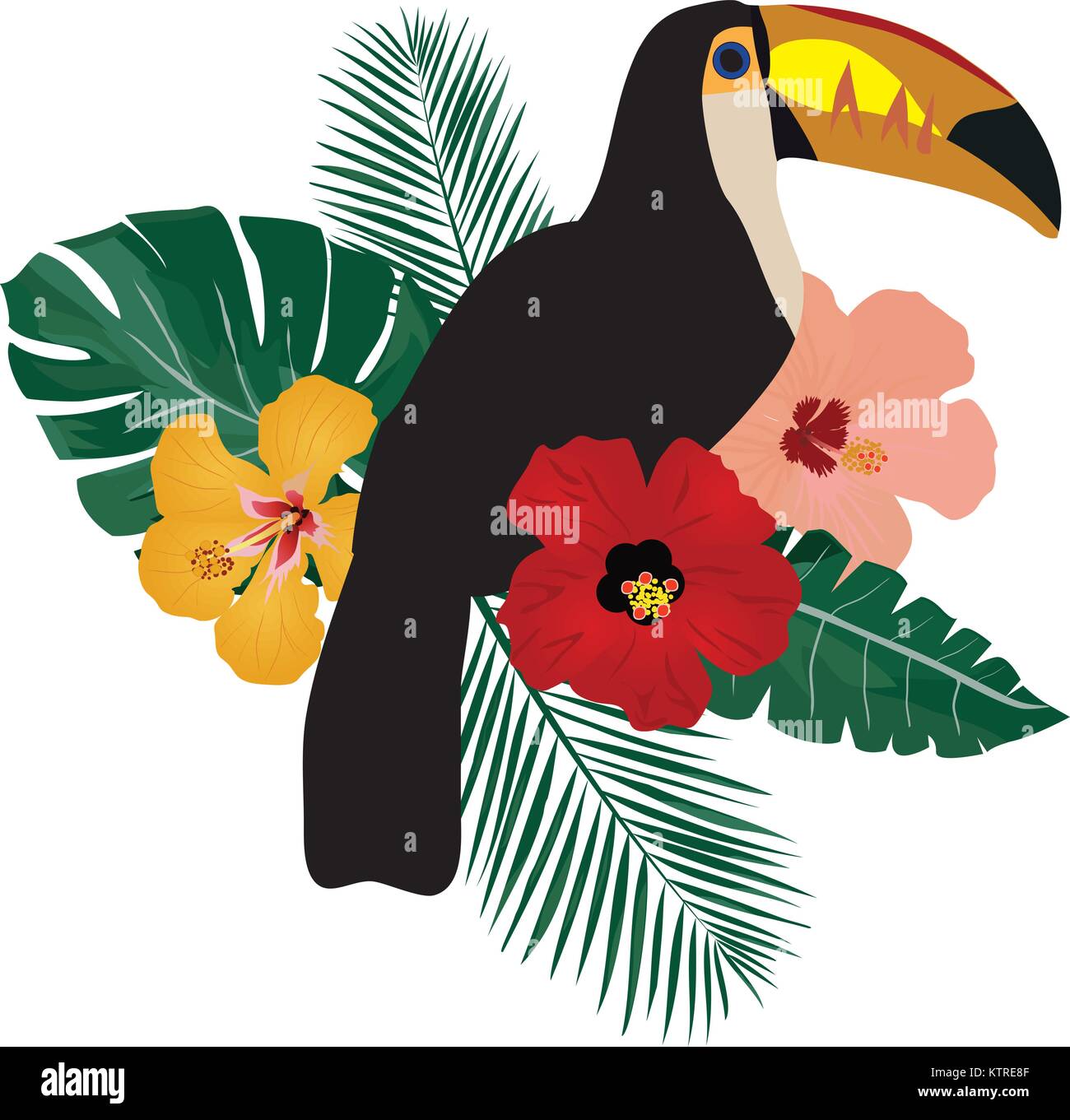 Vector Illustration eines tropischen toucan Vögel mit tropischen Blumen. Stock Vektor