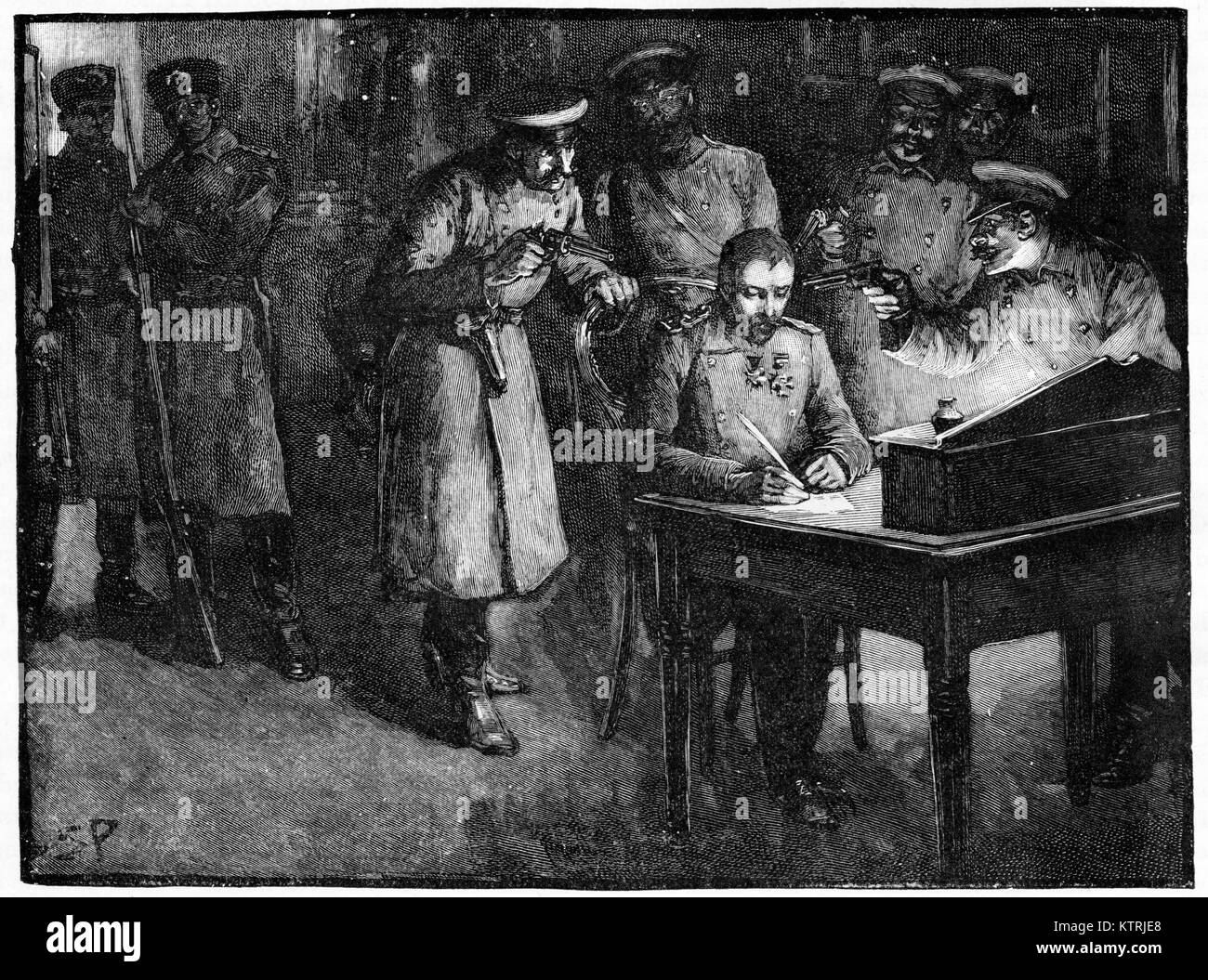 Alexander von Battenburg, Prinz Alexander von Bulgarien, gezwungen, seine Abdankung Brief seiner eigenen Beamten, Sofia, August 1886 20 zu unterzeichnen. Stockfoto