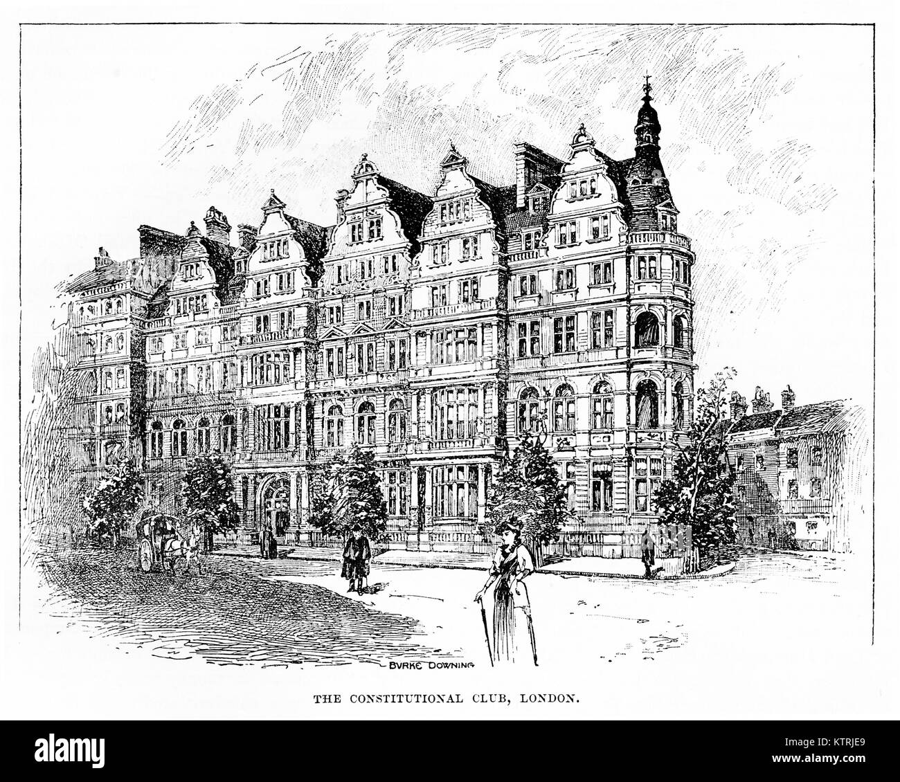 Schwarze und weiße Zeichnung Der Konstitutionelle Club, Northumberland Avenue, London. Stockfoto