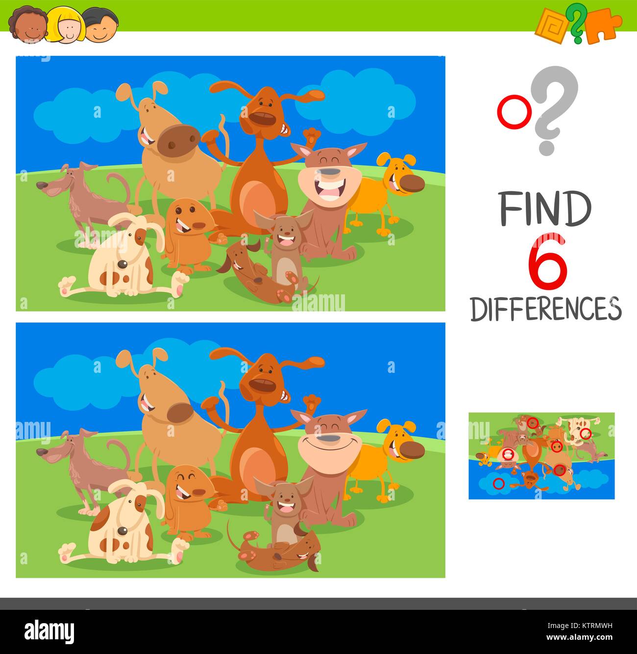 Cartoon Abbildung: Finde die Unterschiede zwischen zwei Bildern Lernspiel für Kinder mit Hunden tierischen Zeichen Gruppe Stock Vektor