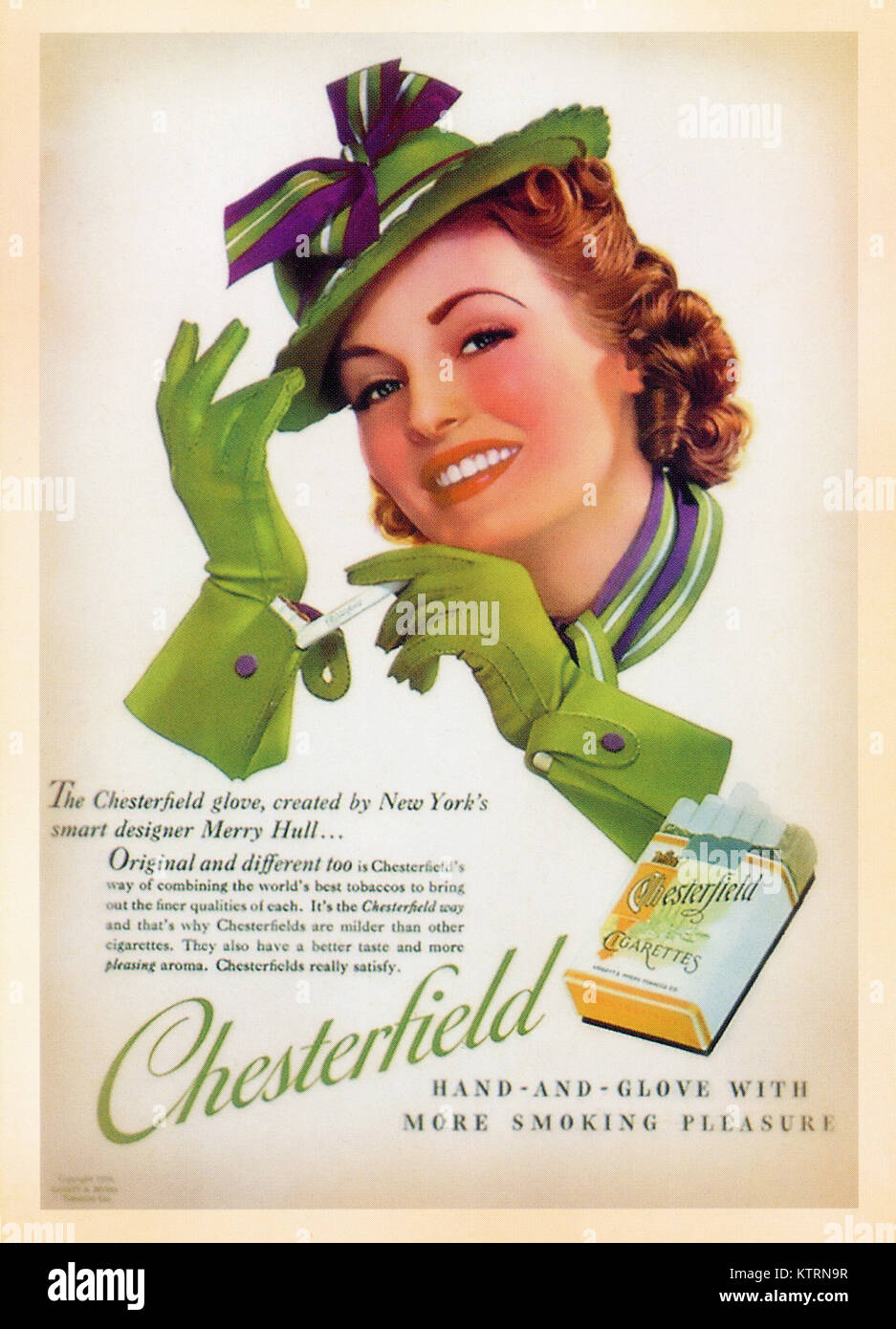 Uns Vintage Poster Karte - während des Zweiten Weltkrieges Ⅱ gedruckt. - Angezeigt, Chesterfield Zigaretten Stockfoto