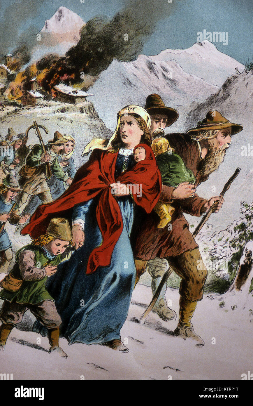 Christen bekannt als Päpstliche Verfolgung der Waldenser im Piemont Berge von Italien ca. 1400 fliehen Stockfoto