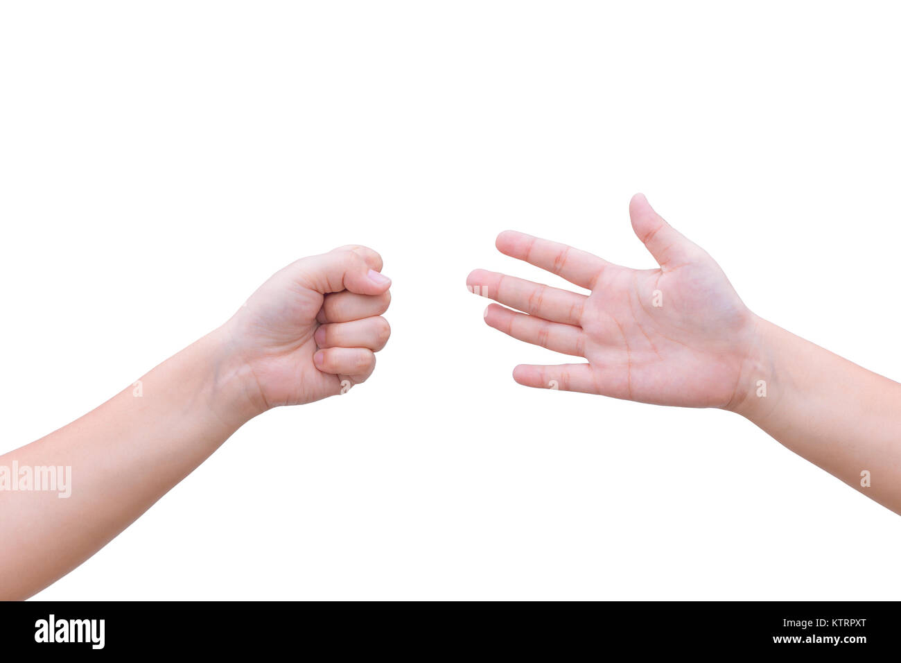 Zwei Hände spielen Rock Paper Scissors isoliert auf weißem Stockfoto
