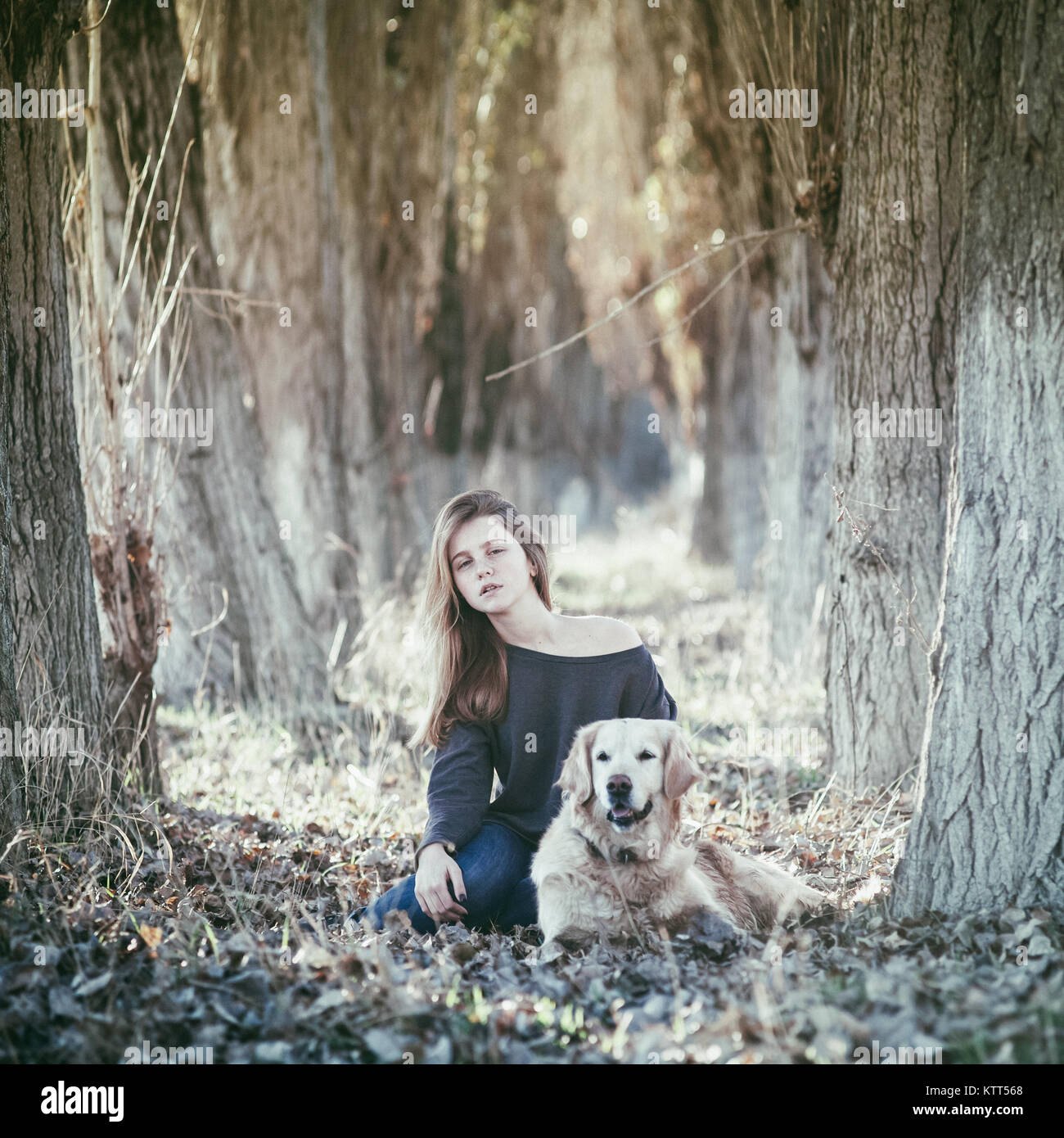 Mädchen im Wald sitzt mit ihrem Golden Retriever Hund Stockfoto