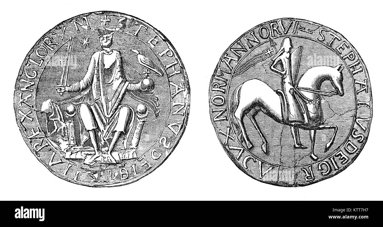 Das große Siegel der Stephanus war das Siegel verwendet die Zustimmung des Souveränen wichtige staatliche Dokumente zu symbolisieren. Häufig als Stephen von Blois genannt, wurde König von England von 1135 bis zu seinem Tod sowie Graf von Boulogne-sur-Mer ab 1125 bis 1147 und Herzog der Normandie von 1135 bis 1144. Die Regierungszeit von König Stephen 1092/6 - 1154) wurde von der Anarchie, ein Bürgerkrieg mit seinem Cousin und Rivalen, die Kaiserin Matilda gekennzeichnet. Stockfoto