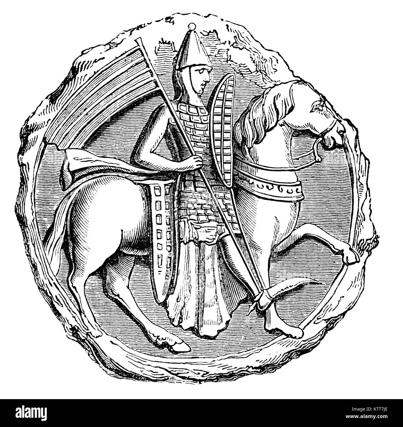 Eine frühe 13. Jahrhundert mittelalterliche Soldaten zu Pferd tragen tegulated Rüstung, die aus kleinen Tellern, wie von Horn oder Metall, Überschneidungen, wie z.b. Fliesen. Stockfoto